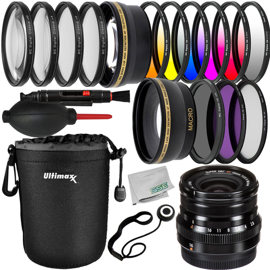 FUJIFILM XF 16mm f/2.8 R WR Lens (Black) with Advanced Accessory Bundle: Water-Resistant Lens Pouch, 6PC Gradual Color Filter Kit, 3PC Multi-Coated UV Filter Kit (UV, CPL, FLD) & Much More