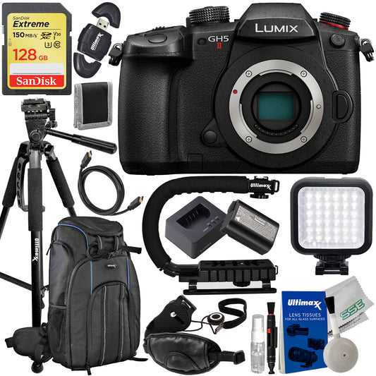 Panasonic Lumix GH5 II Mirrorless Camera (Body Only) with Essential Accessory Bundle: SanDisk 128GB Extreme SDXC, Deluxe Camera Backpack, Lightweight 60” Tripod & Much More