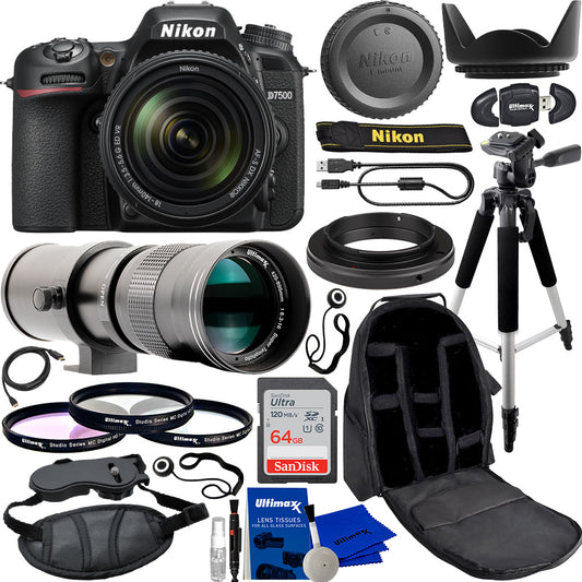 Nikon D7500 DSLR Camera with Nikkor AF-S DX 18-140mm f/3.5-5.6G ED VR Lens with Ultimaxx 420-800mm f/8.3-16 Super HD Manual Telephoto Zoom Lens and Must Have Accessory Bundle.