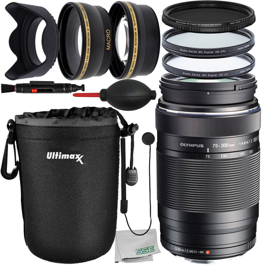 Olympus M.Zuiko Digital ED 75-300mm f/4.8-6.7 II Lens with Essential Accessory Bundle: Variable Neutral Density Filter (ND2-ND400), Water-Resistant Lens Pouch & Much More