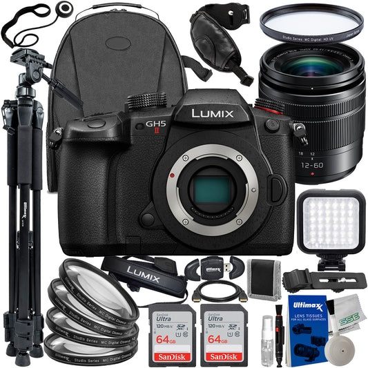 Panasonic Lumix GH5 II Mirrorless Camera with 12-60mm f/3.5-5.6 Lens & Essential Accessory Bundle: 2x SanDisk 64GB Ultra Memory Cards, Water-Resistant Camera Backpack & Much More