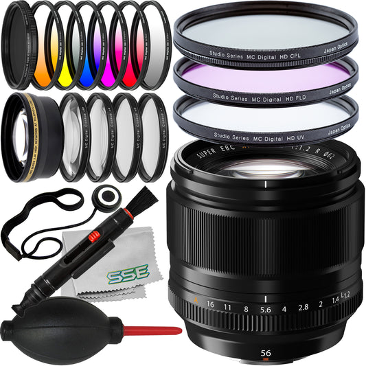 FUJIFILM XF 56mm f/1.2 R Lens with Loaded Filter Bundle: Variable Neutral Density Filter (ND2 - ND400), 2.2x Telephoto Lens Attachment, 6PC Gradual Color Filter Kit & More