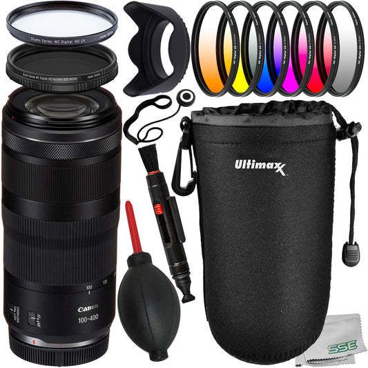 Canon RF 100-400mm f/5.6-8 IS USM Lens with Essential Accessory Bundle: 6PC Gradual Color Filter Kit, Water-Resistant Lens Pouch & Much More