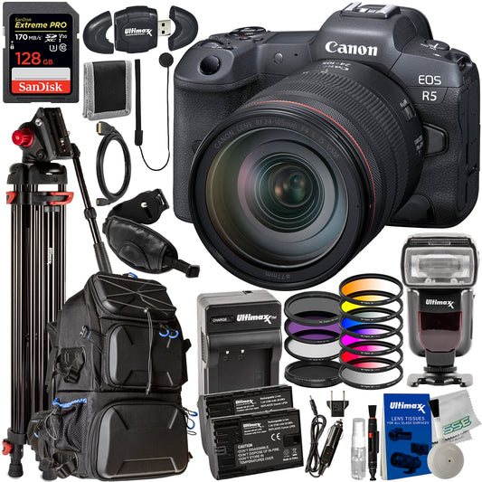 Canon EOS R5 Mirrorless Camera with 24-105mm f/4 Lens & Deluxe Accessory Bundle: SanDisk 128GB Extreme Pro SDXC, Professional 72” Tripod, Filter Kits & So Much More (36pc Bundle)