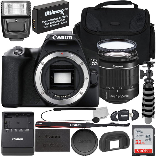 Canon EOS 250D w/EF-S 18-55mm f/3.5-5.6 III Lens with Professional Accessory Bundle - Includes: Spare LPE17 Battery w/ Charger, Slave Flash, Large Gadget Bag with Dual Buckles & Much More