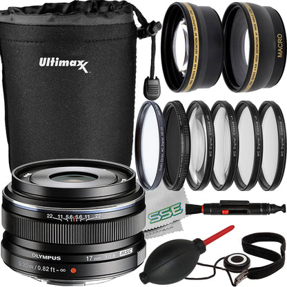 Olympus M.Zuiko Digital 17mm f/1.8 Lens (Black) with Essential Accessory Bundle: Variable Neutral Density Filter (ND2-ND400), Water-Resistant Lens Pouch & More (16pc Bundle)