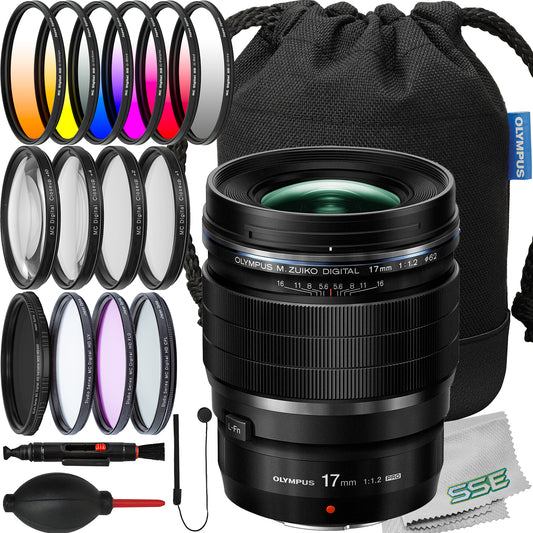 Olympus M.Zuiko Digital ED 17mm f/1.2 PRO Lens with Essential Accessory Bundle: 6PC Gradual Color Filter Kit, Variable Neutral Density Filter (ND2-ND400) & Much More (23pc Bundle)