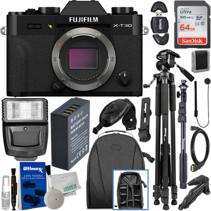 FUJIFILM X-T30 II Mirrorless Camera (Black - Body Only) with Advanced Accessory Bundle: SanDisk 64GB Ultra SDXC, Spare Battery, 48” Monopod & Much More (22pc Bundle)