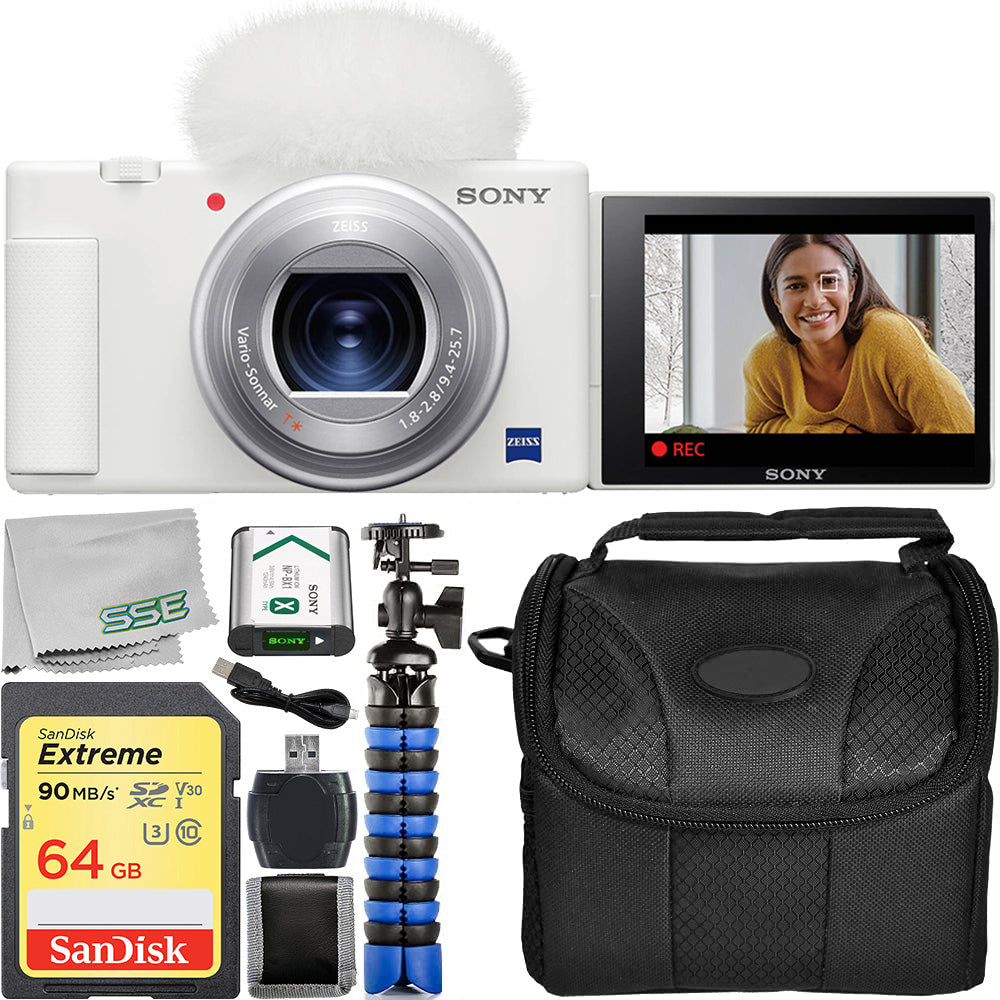 Sony ZV-1 Digital Camera (White) with Starter Vlogging Kit. Includes: SanDisk Extreme 64GB Card, Wind Screen, 7.75” Monopod/Tripod, Mic, Video Light, 12” Grispter Tripod, & More.