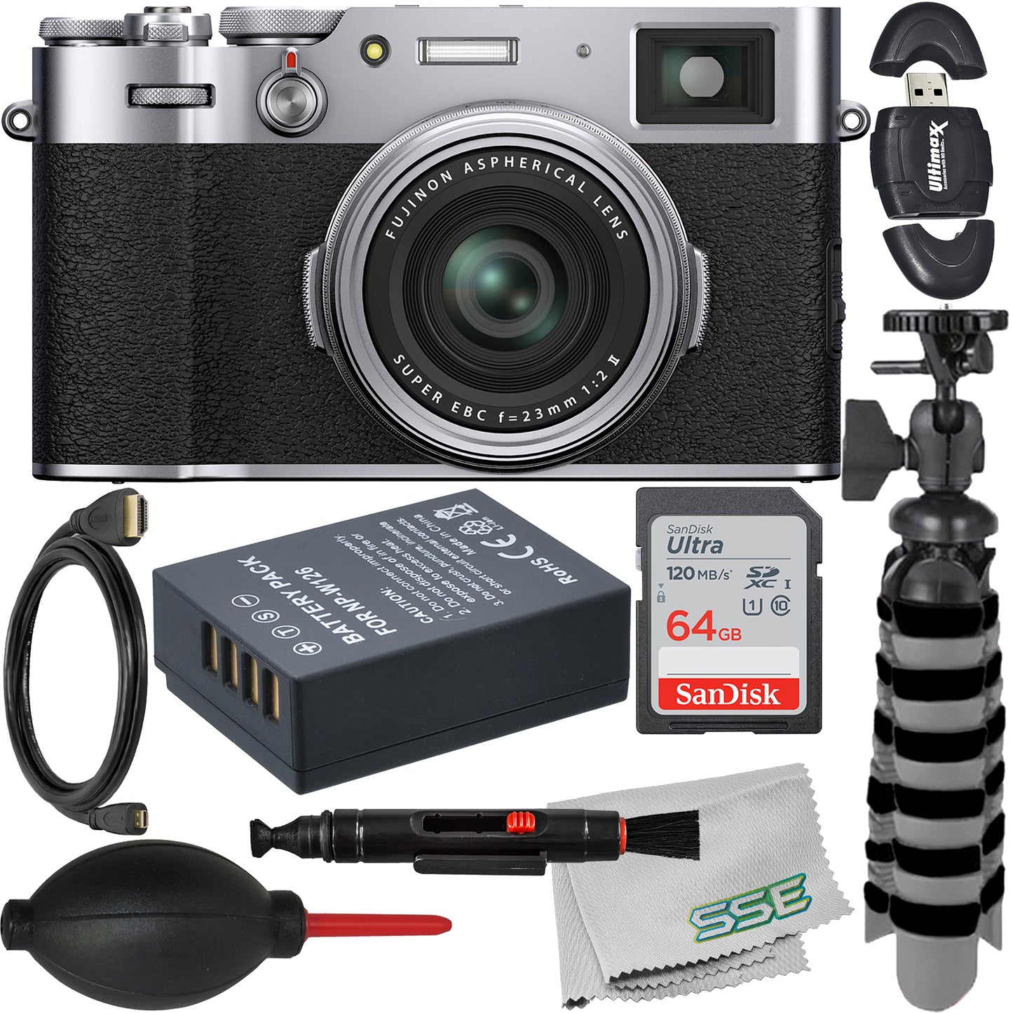 FUJIFILM X100V Digital Camera (Silver) with Essential Accessory Bundle: SanDisk 64GB Ultra SDXC Memory Card, Mini “Gripster” Tripod, Spare Battery & More (17pc Bundle)