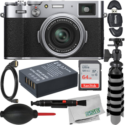 FUJIFILM X100V Digital Camera (Silver) with Essential Accessory Bundle: SanDisk 64GB Ultra SDXC Memory Card, Mini “Gripster” Tripod, Spare Battery & More (17pc Bundle)