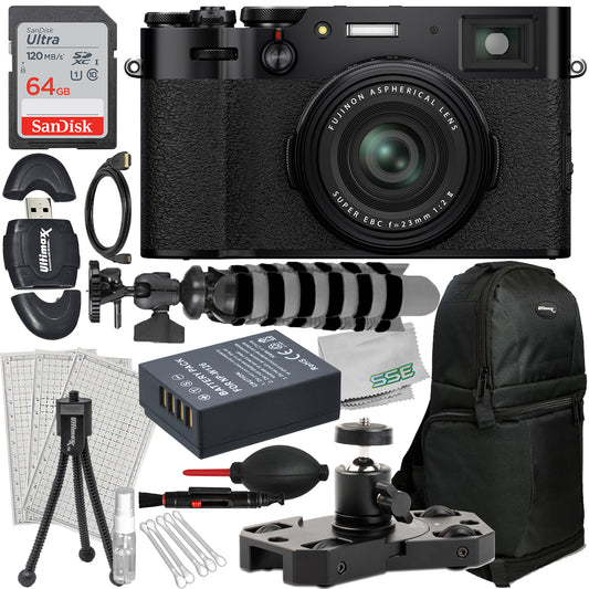 FUJIFILM X100V Digital Camera (Black) with Advanced Accessory Bundle: SanDisk 64GB Ultra SDXC, Portable Mini Metal Camera Dolly, Spare Battery & Much More (23pc Bundle)