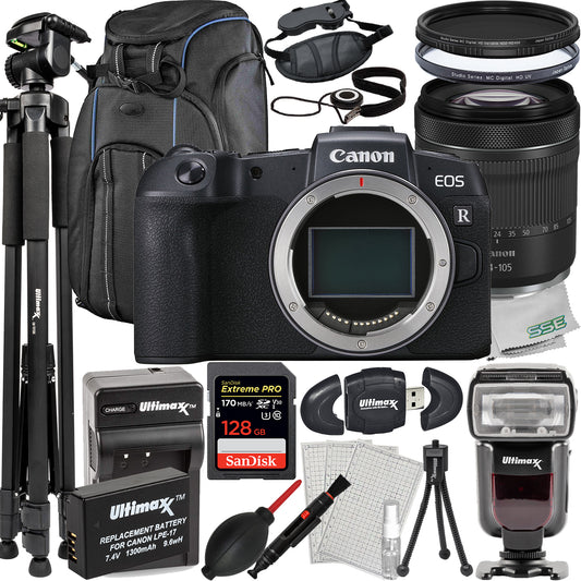 Canon EOS RP Mirrorless Digital Camera with RF 24-105mm f/4-7.1 IS STM Lens + Advanced Accessory Bundle: SanDisk 128GB Extreme Pro SDXC, Dedicated TTL Flash w/ LCD & Much More (26pc Bundle)