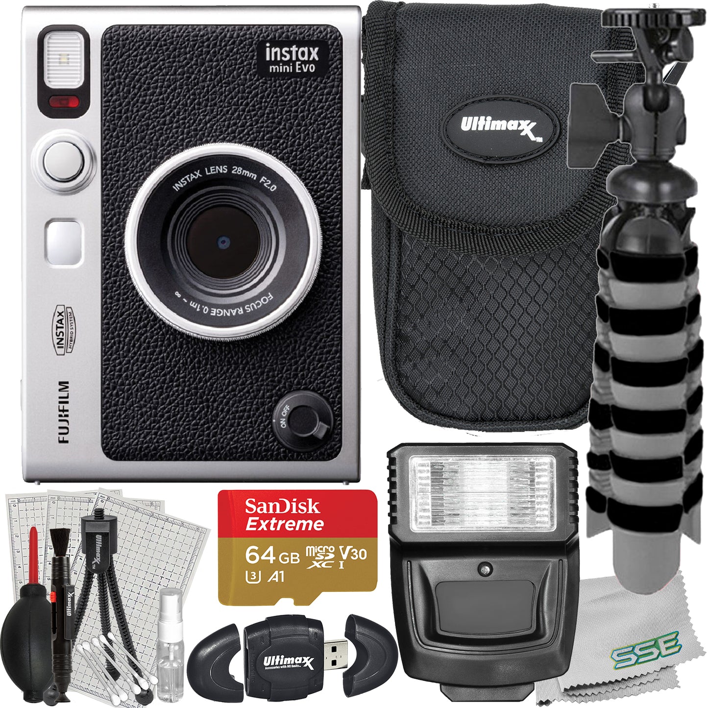FUJIFILM INSTAX MINI EVO Hybrid Instant Camera with Advanced Accessory Bundle: SanDisk 64GB Extreme micro-Memory Card, Mini Tripod, Digital Flash & Much More (15pc Bundle)