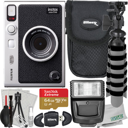 FUJIFILM INSTAX MINI EVO Hybrid Instant Camera with Advanced Accessory Bundle: SanDisk 64GB Extreme micro-Memory Card, Mini Tripod, Digital Flash & Much More (15pc Bundle)