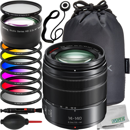 Panasonic Lumix G Vario 14-140mm f/3.5-5.6 II ASPH. POWER O.I.S. Lens + Essential Accessory Bundle: 2.2x Telephoto Zoom Lens Attachment, 6PC Gradual Color Filter Kit & More (17pc Bundle)
