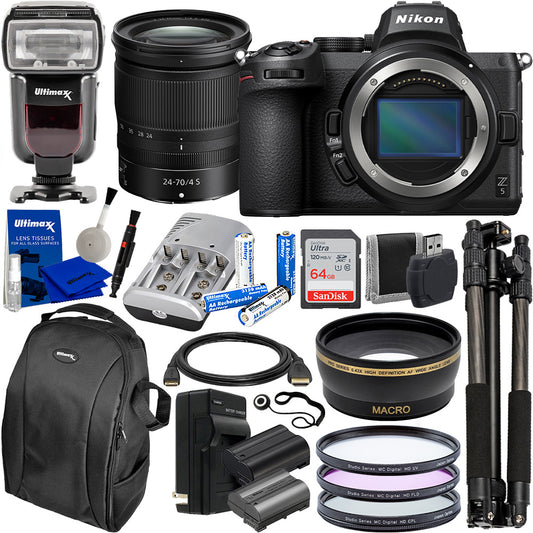Ultimaxx Must Have Accessory Bundle for Nikon Z5 Mirrorless Camera w/Z 24-70mm f/4 S Lens. Includes: 64GB Ultra Memory Card + TTL Dedicated Flash w/LCD + 60in Tripod + Much More