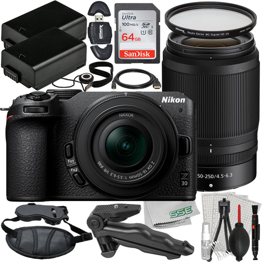 Nikon Z30 Mirrorless Camera with 16-50mm & 50-250mm Lenses + Essential Accessory Bundle: SanDisk 64GB Ultra SDXC, 2x UV Filters, 2x Spare Batteries & More (29pc Bundle)