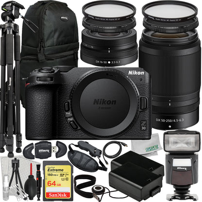 Nikon Z30 Mirrorless Camera with 16-50mm & 50-250mm Lenses + Deluxe Accessory Bundle: SanDisk 64GB Extreme SDXC, Universal Speedlite, 60” Tripod, 2x Batteries & Much More (33pc Bundle)