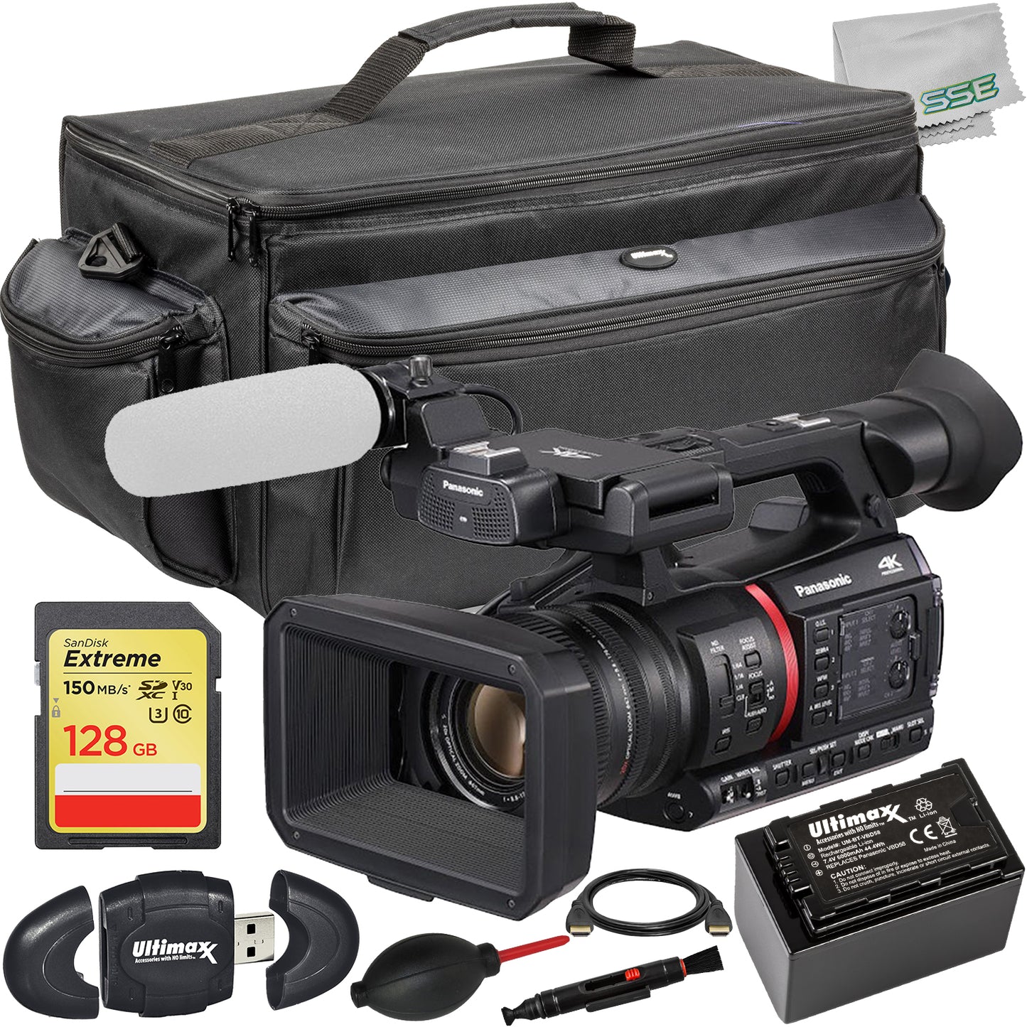 Panasonic AG-CX350 4K Camcorder with Starter Accessory Bundle: SanDisk 128GB Extreme SDXC Memory Card, Extended Life Replacement Battery (6000 mAh) & More (17pc Bundle)