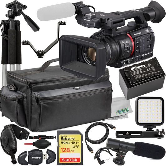 Panasonic AG-CX350 4K Camcorder with Advanced Accessory Bundle: SanDisk 128GB Extreme SDXC Memory Card, Condenser Microphone, Spare Battery, Tripod & Much More (22pc Bundle)