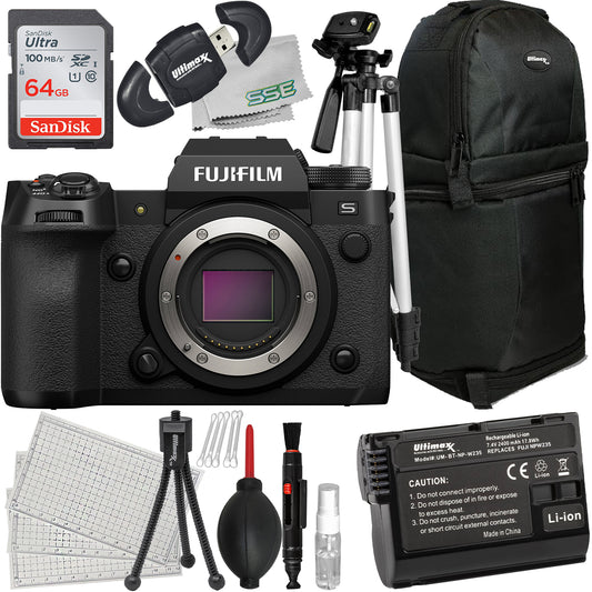 Ultimaxx Starter Bundle + FUJIFILM X-H2S Mirrorless Camera (Body Only) + SanDisk 64GB Ultra Memory Card, Water-Resistant Sling Backpack, 1x Spare Battery & More (25pc Bundle)
