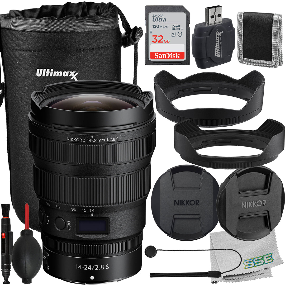 Ultimaxx Essential Bundle + Nikon NIKKOR Z 14-24mm f/2.8 S Lens + SanDisk 32GB Ultra Memory Card, Water-Resistant Lens Pouch, Manufacturer’s Accessories & More (15pc Bundle)