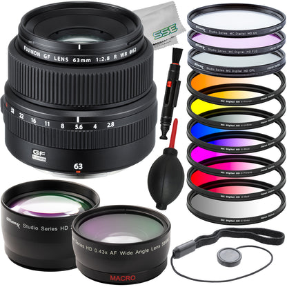 Ultimaxx Essential Bundle + FUJIFILM GF 63mm f/2.8 R WR Lens + (0.43x Wide-Angle Lens Attachment, 3PC Multi-Coated UV Filter Kit (UV, CPL, FLD) & More (20pc Bundle)