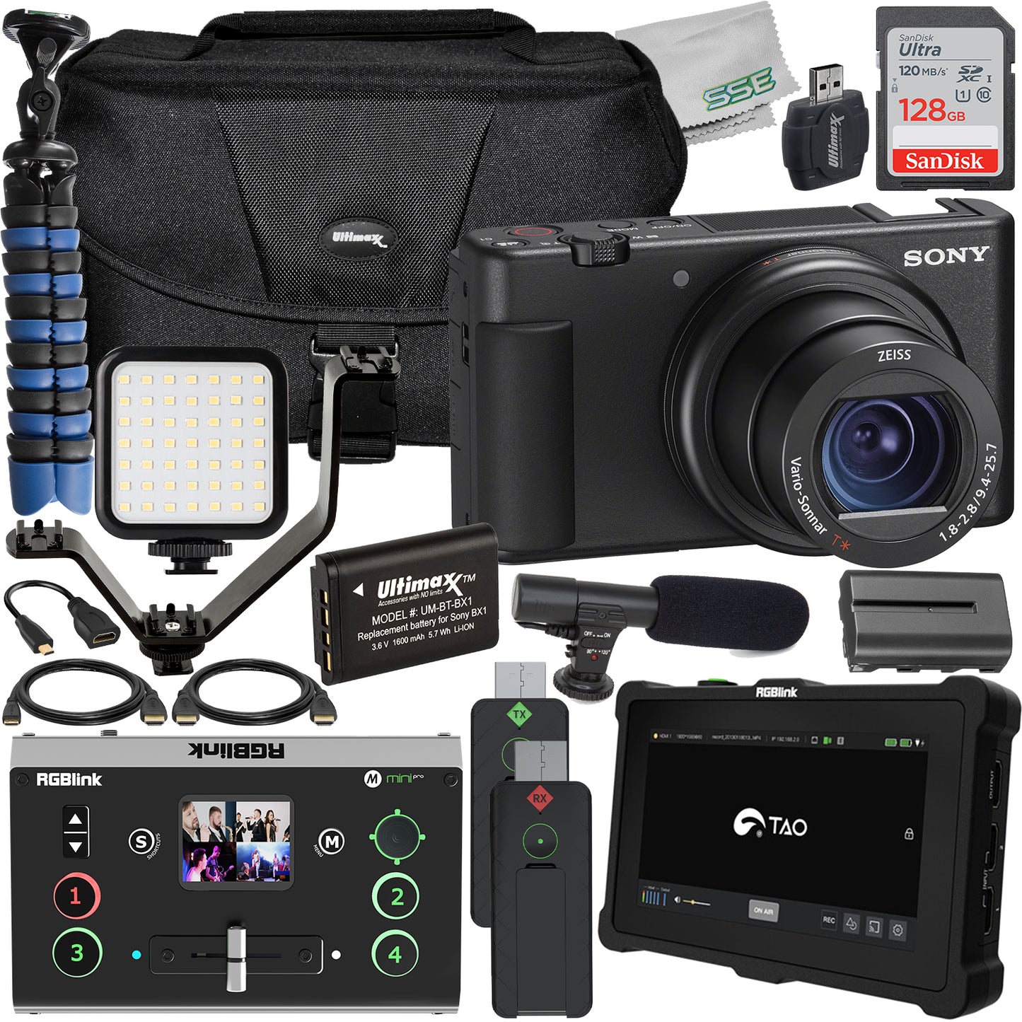 Sony ZV-1 Digital Camera (Black) Ultimaxx Streaming/Vlogging Complete Bundle + RGBlink Mini Pro, Tao 1pro, Ask Nano Starter Set + , SanDisk 128GB Ultra SDXC & Much More (34pc Bundle)