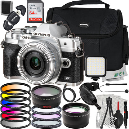Olympus OM-D E-M10 Mark IV Mirrorless Camera with 14-42mm EZ Lens (Silver) Advanced Bundle- Includes SanDisk 64GB Ultra SDXC, LED Light Kit & Much More (32pc Bundle)