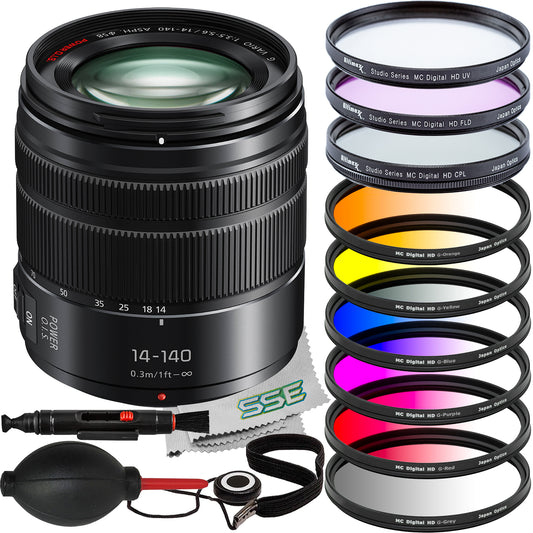 Ultimaxx Essential Accessory Bundle + Panasonic Lumix G Vario 14-140mm f/3.5-5.6 II ASPH. POWER O.I.S. Lens + Multi-Coated 3PC UV Filter Kit (UV, CPL, FLD) & More (18pc Bundle)