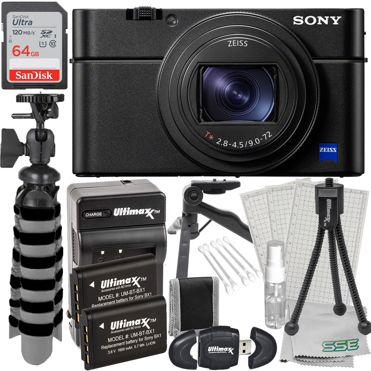 Sony Cyber-shot DSC-RX100 VII Digital Camera with Essential Accessory Bundle: SanDisk 64GB Ultra SDXC, 2x Extended Life Replacement Batteries with Travel Charger & More