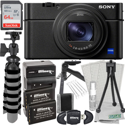 Sony Cyber-shot DSC-RX100 VII Digital Camera with Essential Accessory Bundle: SanDisk 64GB Ultra SDXC, 2x Extended Life Replacement Batteries with Travel Charger & More