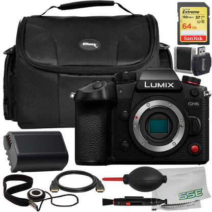 Ultimaxx Starter Accessory Bundle + Panasonic Lumix GH6 Mirrorless Camera (Body Only) + SanDisk 64GB Extreme Memory Card, Spare Battery (2800 mAh) & More (18pc Bundle)