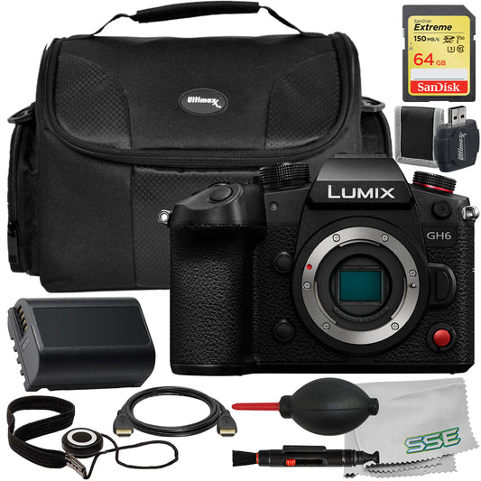 Ultimaxx Starter Accessory Bundle + Panasonic Lumix GH6 Mirrorless Camera (Body Only) + SanDisk 64GB Extreme Memory Card, Spare Battery (2800 mAh) & More (18pc Bundle)