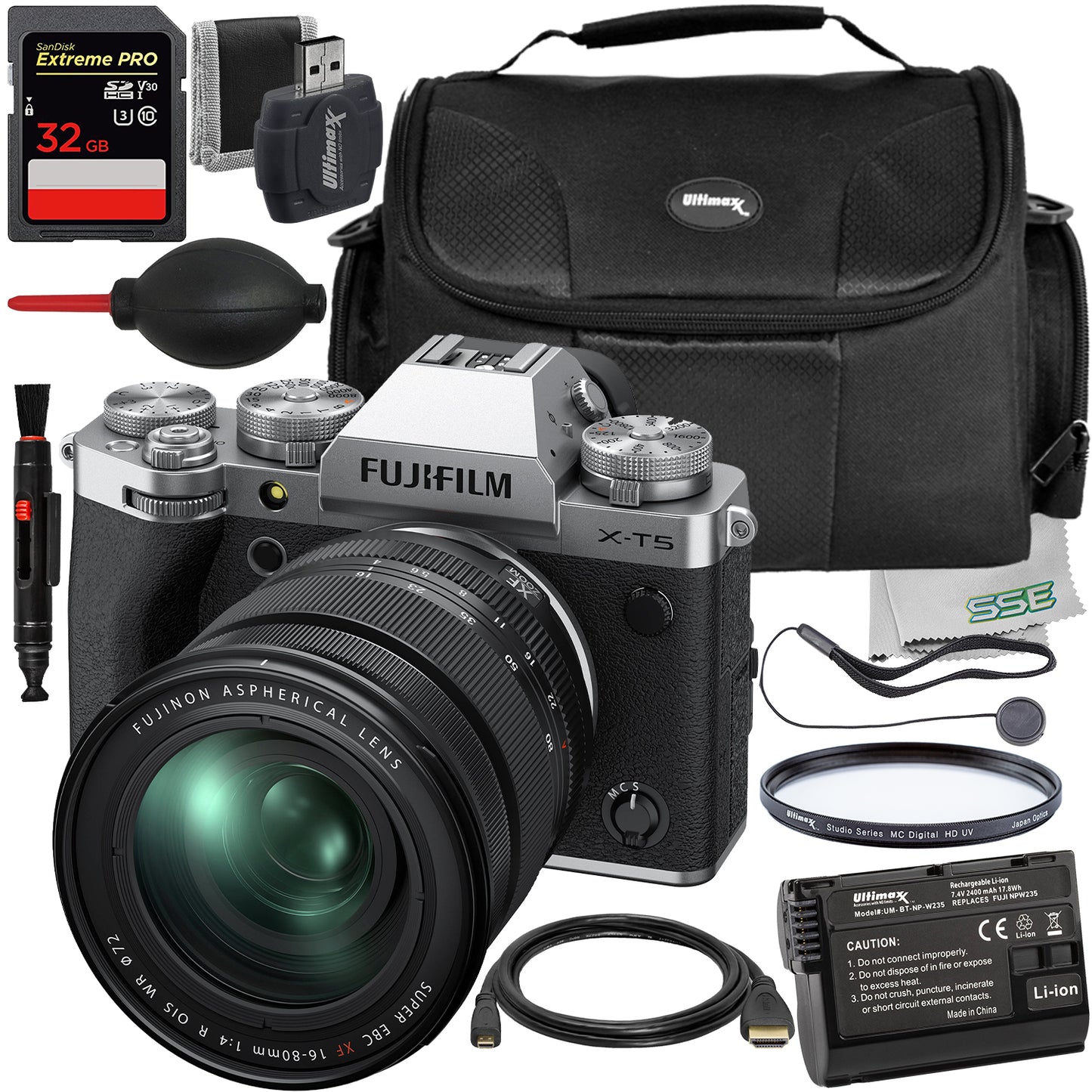 Ultimaxx Essential FUJIFILM X-T5 with 16-80mm Lens (Silver) Bundle - Includes: 32GB Extreme Pro Memory Card, Replacement Battery, Protective UV Filter & More (24pc Bundle)