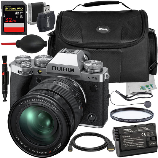 Ultimaxx Essential FUJIFILM X-T5 with 16-80mm Lens (Silver) Bundle - Includes: 32GB Extreme Pro Memory Card, Replacement Battery, Protective UV Filter & More (24pc Bundle)