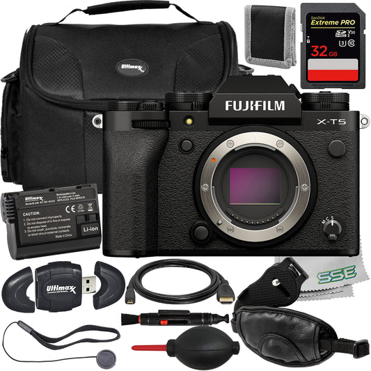 FUJIFILM X-T5 (Black, Body Only) Essential Bundle - Includes: 32GB Extreme Pro Memory Card, Replacement Battery, Water-Resistant Gadget Bag & More (20pc Bundle)