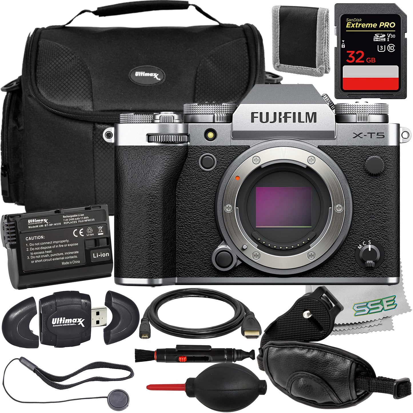 FUJIFILM X-T5 (Silver, Body Only) Essential  Bundle - Includes: 32GB Extreme Pro Memory Card, Water-Resistant Gadget Bag, Replacement Battery & More (20pc Bundle)