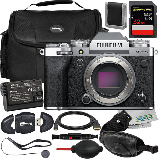 FUJIFILM X-T5 (Silver, Body Only) Essential  Bundle - Includes: 32GB Extreme Pro Memory Card, Water-Resistant Gadget Bag, Replacement Battery & More (20pc Bundle)