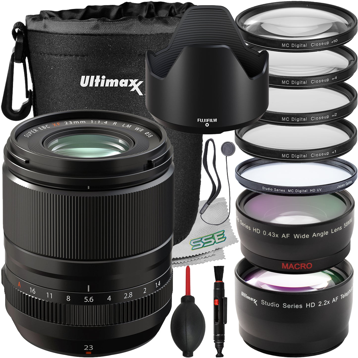 Ultimaxx Advanced Fujifilm XF 23mm f/1.4 WR Lens Bundle - Includes: Water-Resistant Lens Pouch, 2.2x Telephoto Zoom Lens Attachment, Protective UV Filter & More (17pc Bundle)