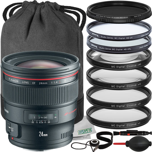 Canon 24mm f/1.4L Lens Bundle - Includes: Variable Neutral Density Filter (ND2-ND400), 4PC Macro Close-Up Filter Kit, Protective UV Filter & More (16pc Bundle)