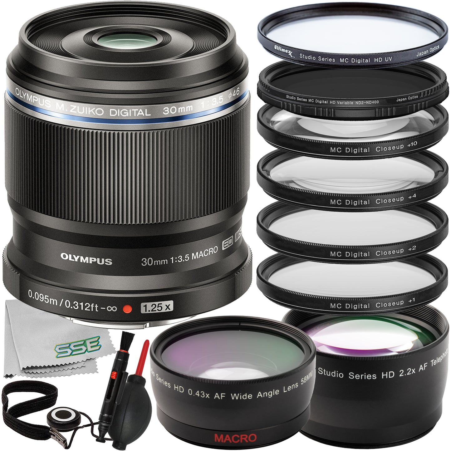 Ultimaxx Advanced Olympus 30mm f/3.5 Macro Lens Bundle - Includes: 0.43x Wide-Angle Lens Attachment, Variable Neutral Density Filter (ND2-ND400) & More (15pc Bundle)