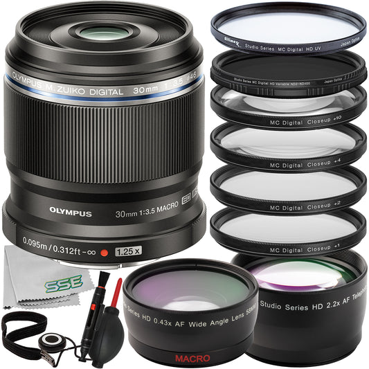 Ultimaxx Advanced Olympus 30mm f/3.5 Macro Lens Bundle - Includes: 0.43x Wide-Angle Lens Attachment, Variable Neutral Density Filter (ND2-ND400) & More (15pc Bundle)