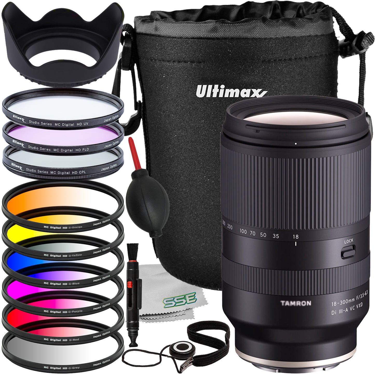 Tamron 18-300mm f/3.5-6.3 Lens Bundle (E-Mount)- Includes: Water-Resistant Lens Pouch, 3PC Protective Filter Kit, Lens Hood & Much More (18pc Bundle)