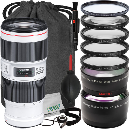 Ultimaxx Essential Canon EF 70-200mm f/4L IS II USM Lens Bundle - Includes: 0.43x Wide-Angle Lens Attachment, 4PC Macro Close-Up Filter Kit, Protective UV Filter & More (16pc Bundle)