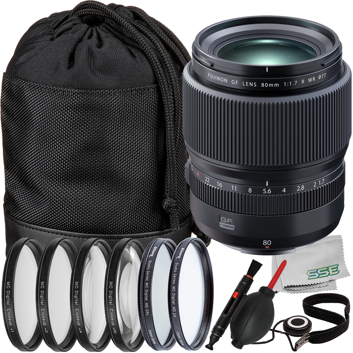 FUJIFILM GF 80mm f/1.7 R WR Lens Bundle - Includes: Circular Polarizer Filter, 4PC Macro Close-Up Filter Kit, Circular Polarizer Filter & More (15pc Bundle)