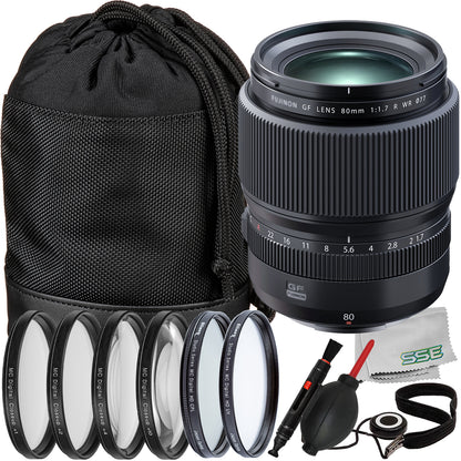 FUJIFILM GF 80mm f/1.7 R WR Lens Bundle - Includes: Circular Polarizer Filter, 4PC Macro Close-Up Filter Kit, Circular Polarizer Filter & More (15pc Bundle)