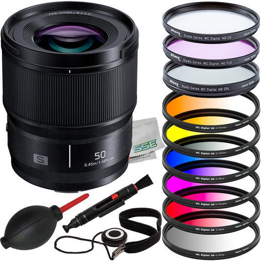 Ultimaxx Essential Panasonic Lumix S 50mm f/1.8 Lens Bundle - Includes: 6PC Gradual Color Filter Kit, 3PC Protective Filter Kit (UV, CPL, FLD) & More (17pc Bundle)