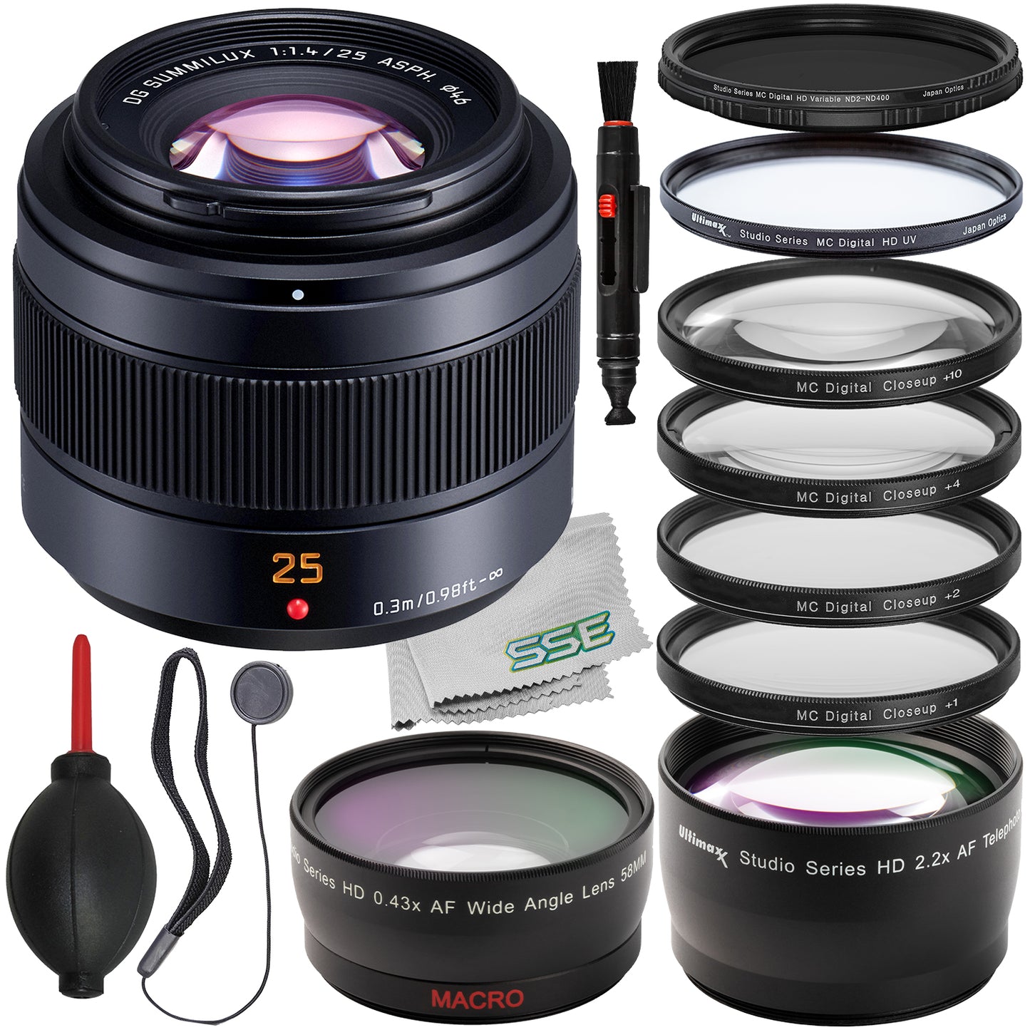 Ultimaxx Advanced Panasonic Leica DG Summilux 25mm f/1.4 II ASPH. Lens Bundle - Includes: 0.43x Wide-Angle Lens Attachment, Variable Neutral Density Filter & Much More (17pc Bundle)